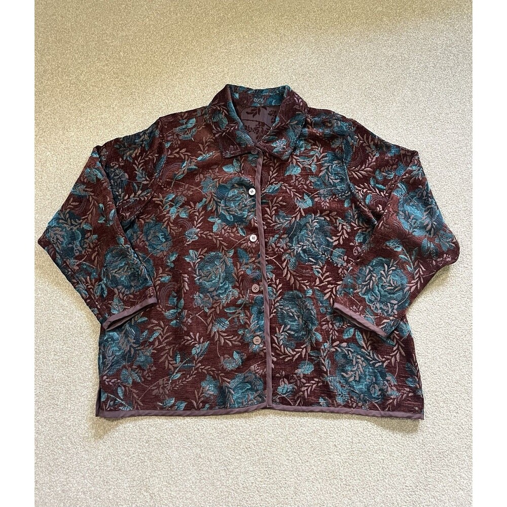 Coldwater Creek Sz L Rich Reversible Teal Brown Plum Woven Brocade Artsy Jacket